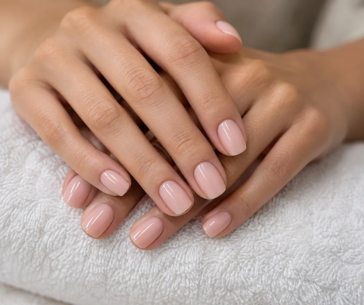 Short, glossy natural-pink manicured nails resting on a white towel.