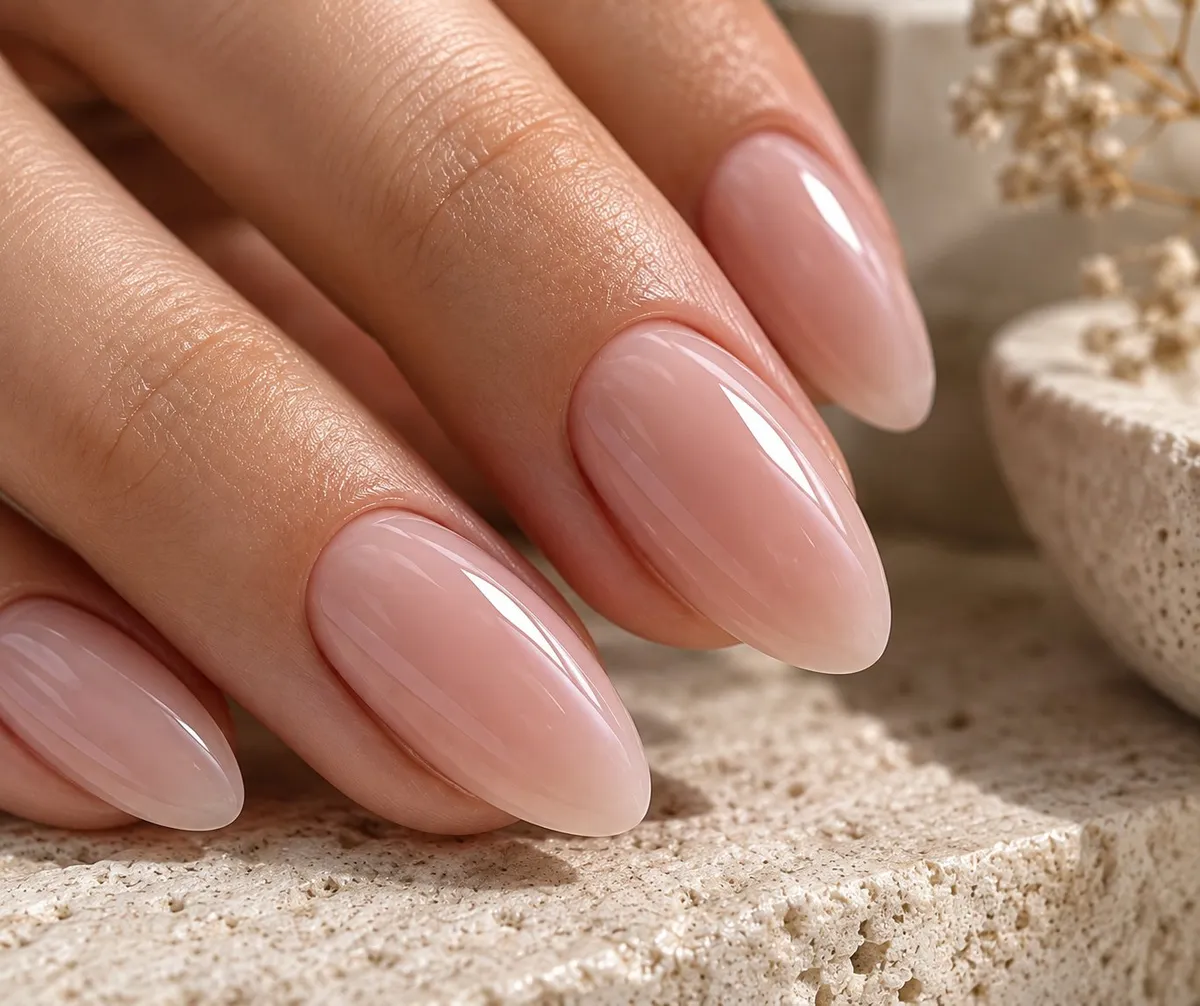 Glossy nude-pink almond manicure resting on warm cream stone.