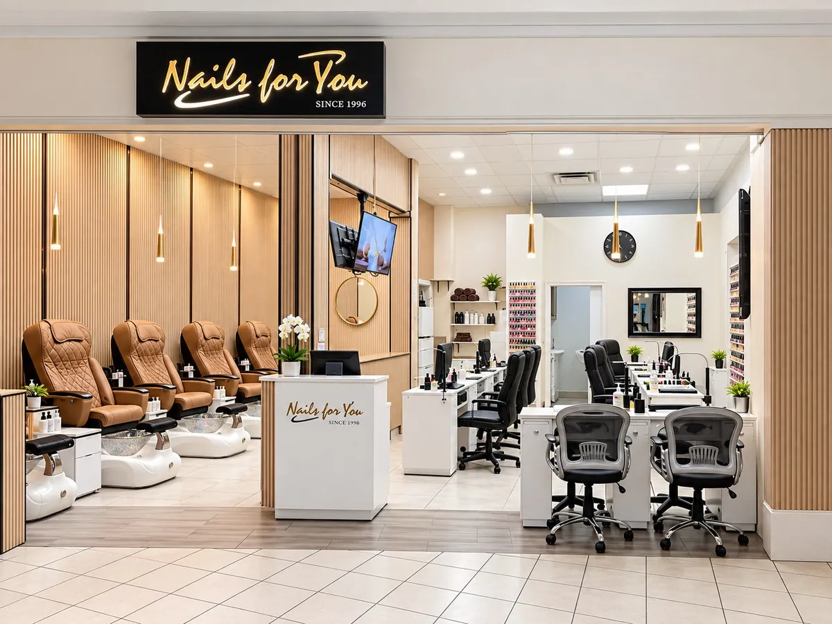The Nails For You storefront inside Bridlewood Mall, with pedicure chairs on the left and manicure tables on the right.