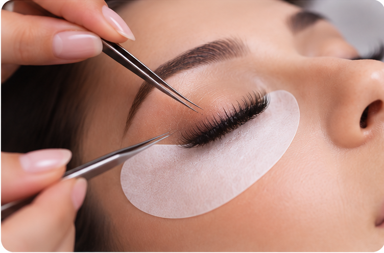 Eyelash extensions being applied with tweezers.