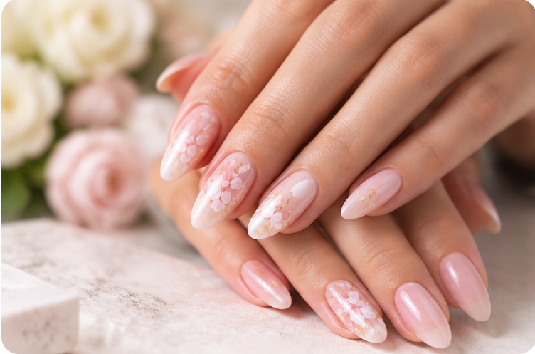 Hands with pale pink floral nail art.