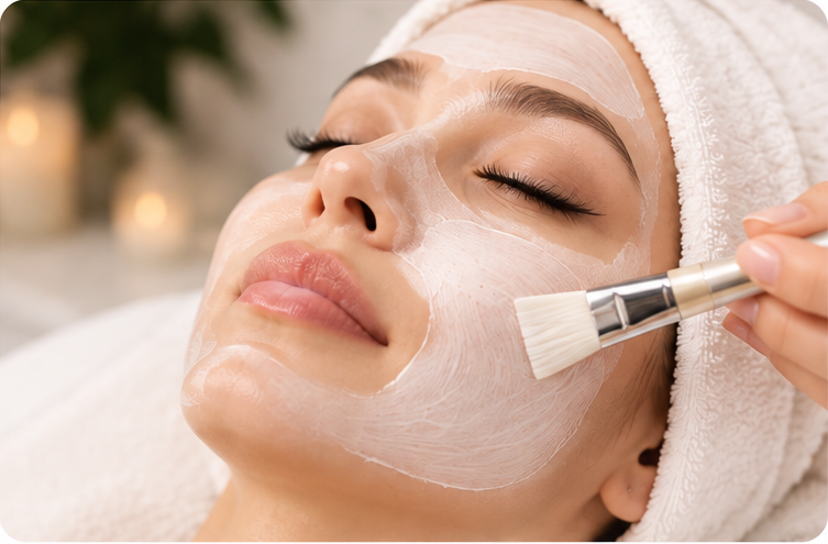 A facial mask being brushed onto a client.